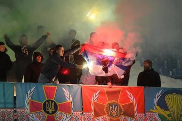 На матче Украинского футбольного чемпионата, фанаты подожгли флаг Российской Федерации